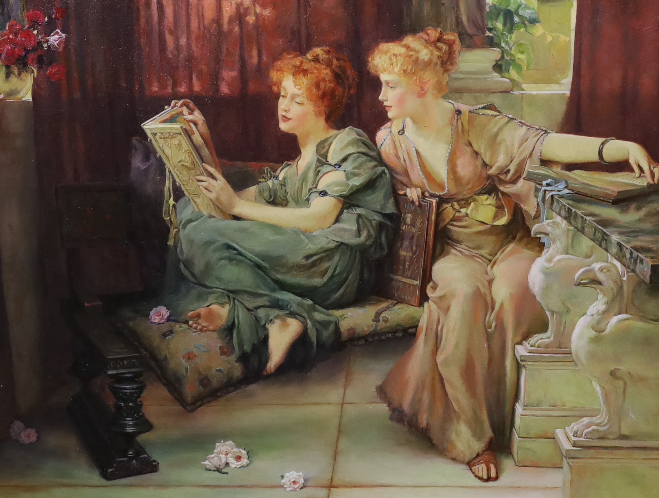 Konstantin Razumov (Russian, b.1974), Classical beauties reading books, oil on canvas, 56 x 73cm